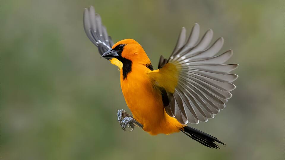 A bird in flight with yellow and black plumage, wings spread wide.