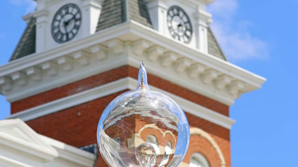 A street lamp and a clock tower with a weather vane.