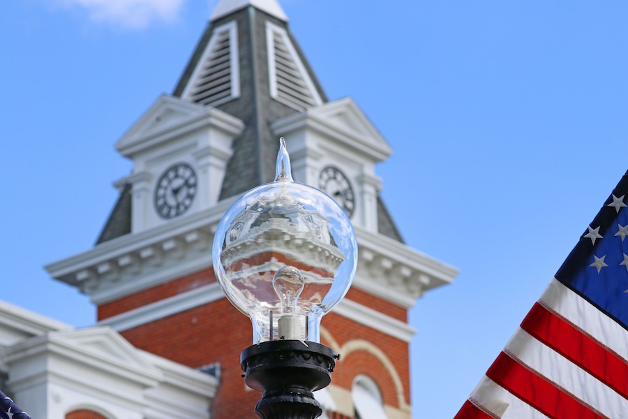 Thomas Edison Streetlight and Milan Ohio Town Hall