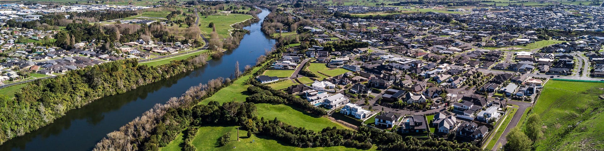 Aerial view of the Waikato River looking North towards Ngaruawahia in Hamilton, New Zealand
