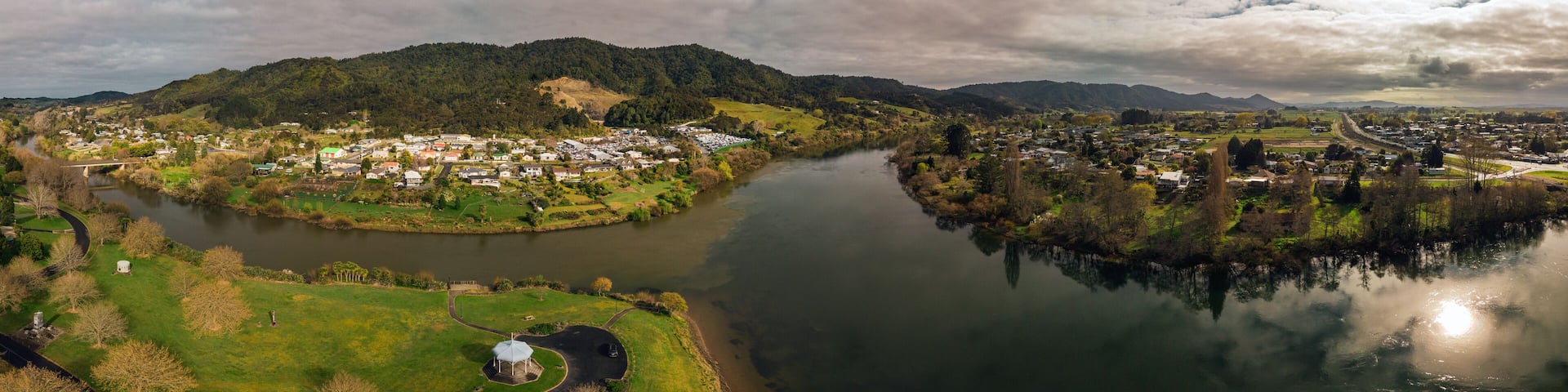 Aerial panoramic view of the confluence of the Waikato and Waipa Rivers located in Ngāruawāhia, Waikato, New Zealand