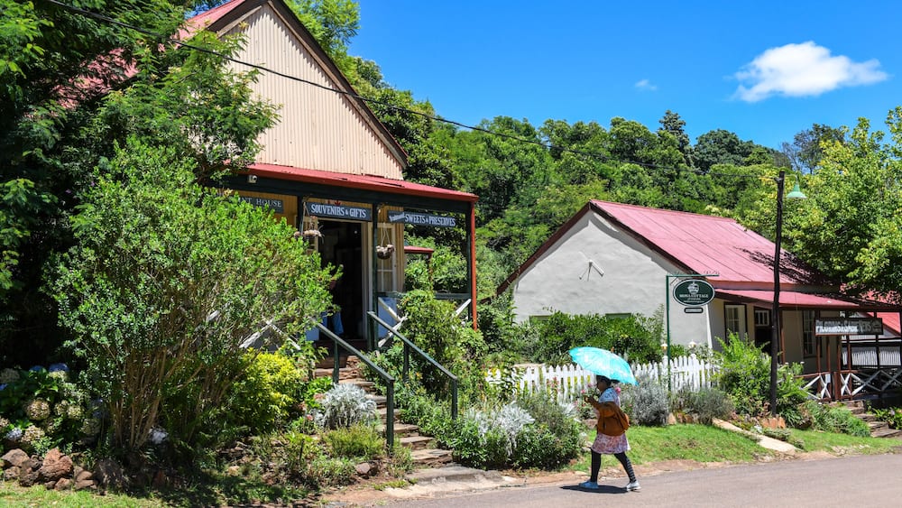 A rustic building with a red roof and a sign for souvenirs and gifts.