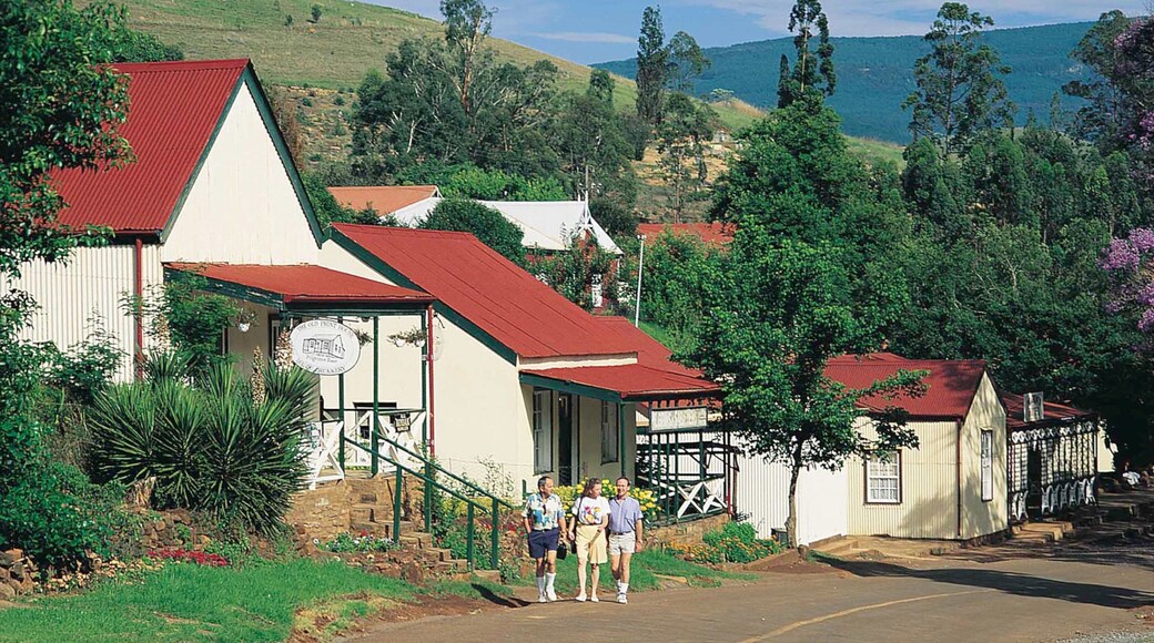 Pilgrims Rest fasiliteter samt liten by eller landsby, hus og gatescener