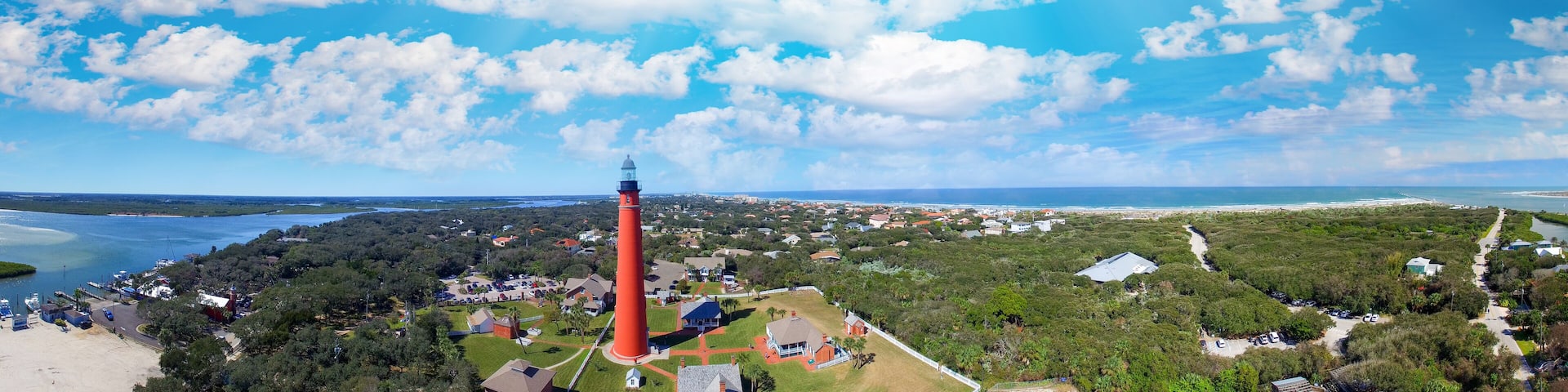 Ponce de Leon Lighthouse near Daytona Beach, aerial sunset view
