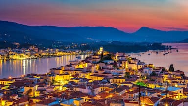 Panoramic view of greek town Poros at sunset, Greece