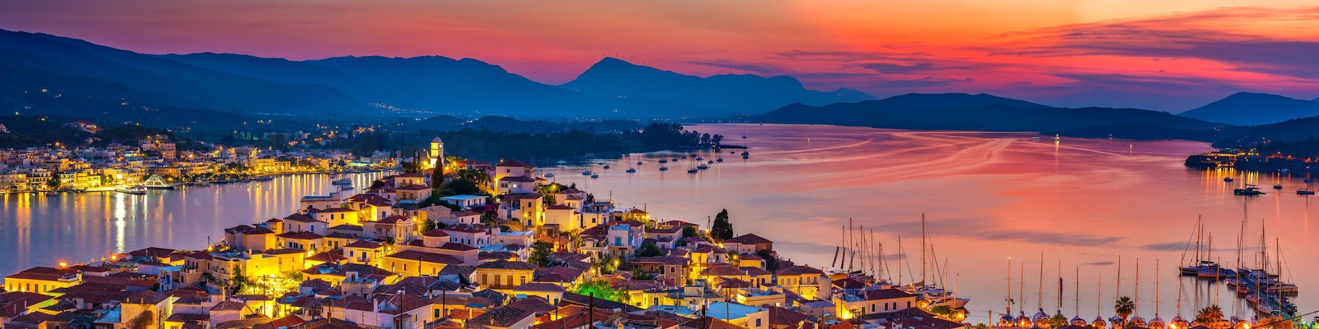 Panoramic view of greek town Poros at sunset, Greece