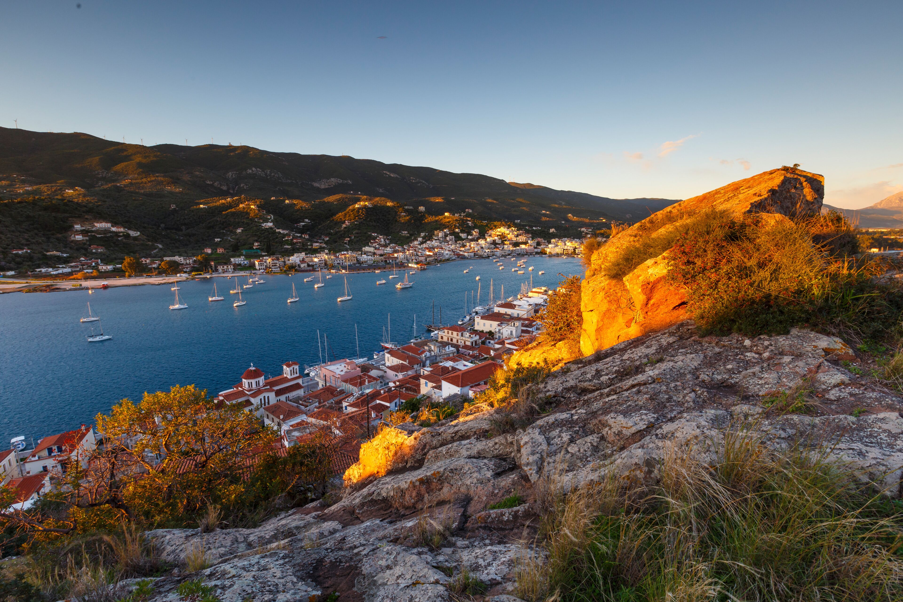 View of Poros island and Galatas village in Peloponnese, Greece.