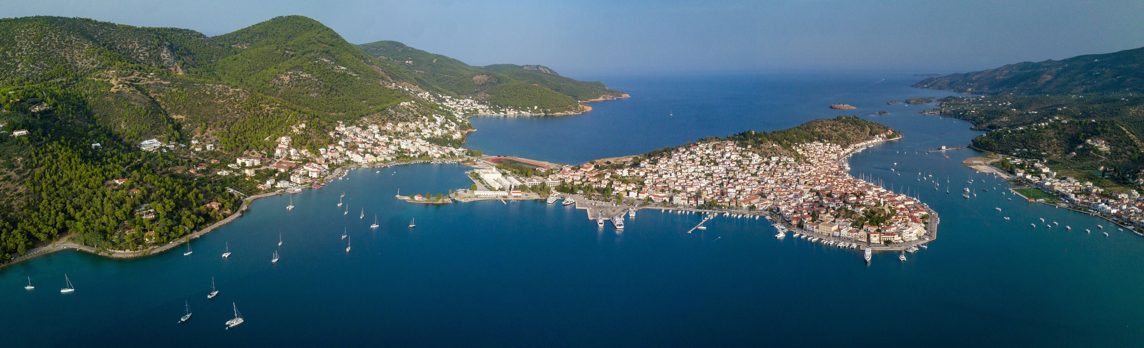 Panoramic aerial shot of the beautiful island Poros, in Greece during daylight