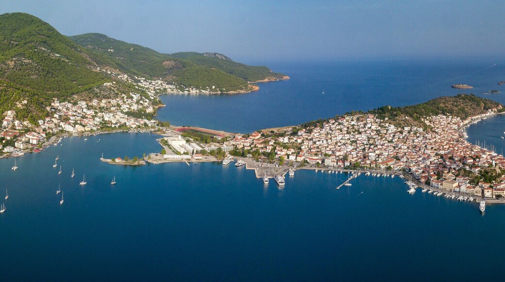 Panoramic aerial shot of the beautiful island Poros, in Greece during daylight