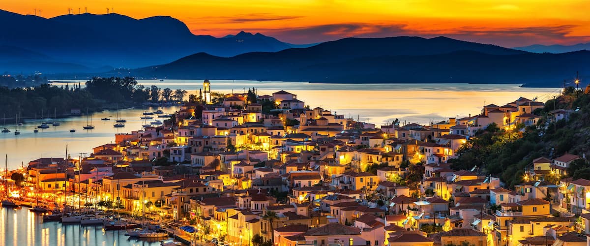 Greek town Poros at night, Greece