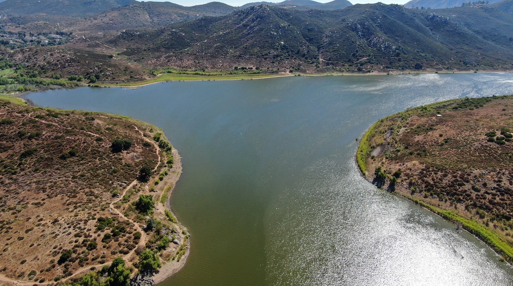 Aerial view of Inland Lake Hodges and Bernardo Mountain, great hiking trail and water activity in Rancho Bernardo East San Diego County, California, USA