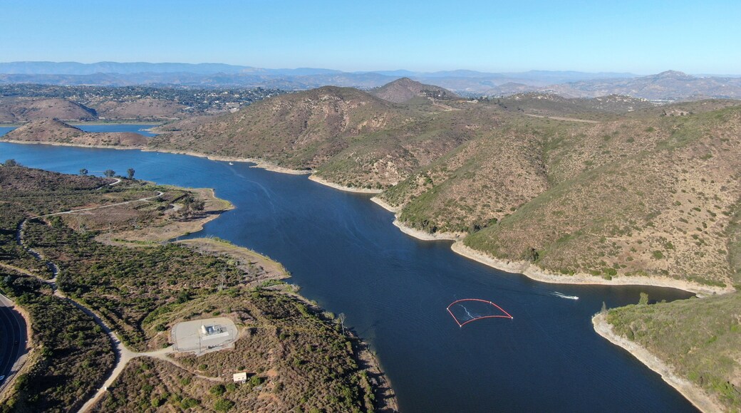 Aerial view of Inland Lake Hodges and Bernardo Mountain, great hiking trail and water activity in Rancho Bernardo East San Diego County, California, USA