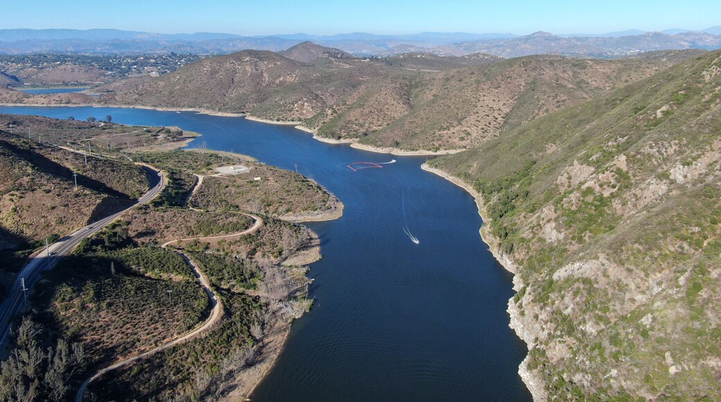 Aerial view of Inland Lake Hodges and Bernardo Mountain, great hiking trail and water activity in Rancho Bernardo East San Diego County, California, USA