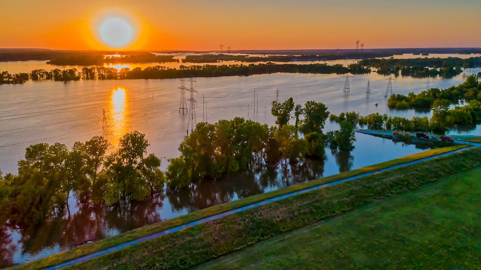 Mississippi River Flooding At Sunset