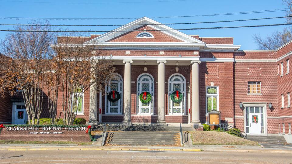 Late 19th century Clarksdale Baptist Church decorated for Christmas in Clarksdale, Mississippi, in Coahoma County, USA
