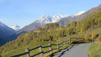 A winding mountain road with a wooden fence, surrounded by autumn-colored trees and snow-capped mountains in the background.