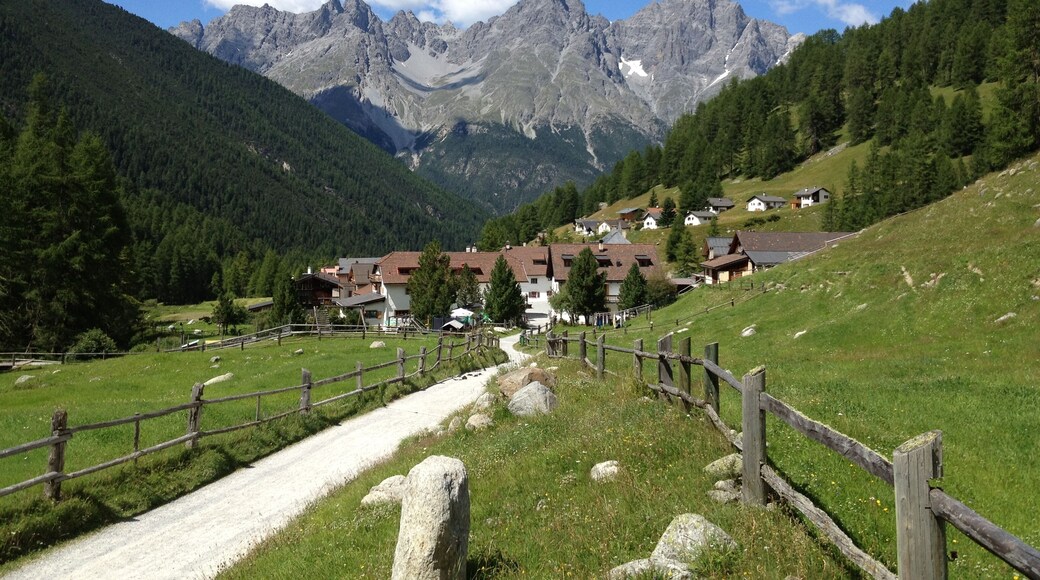Deutsch: S-charl, im Hintergrund Piz Pisoc (rechts), Piz Mingèr (links) und Piz dals Vadès (Mitte)