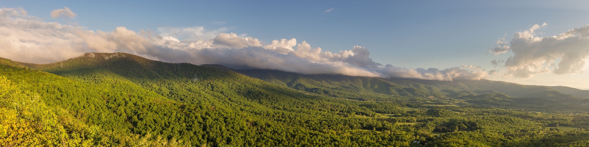Panorama of the Shenandoah Valley at golden hour as seen from Shenandoah National Park with the forest a bright, vibrant green and clouds in the sky
