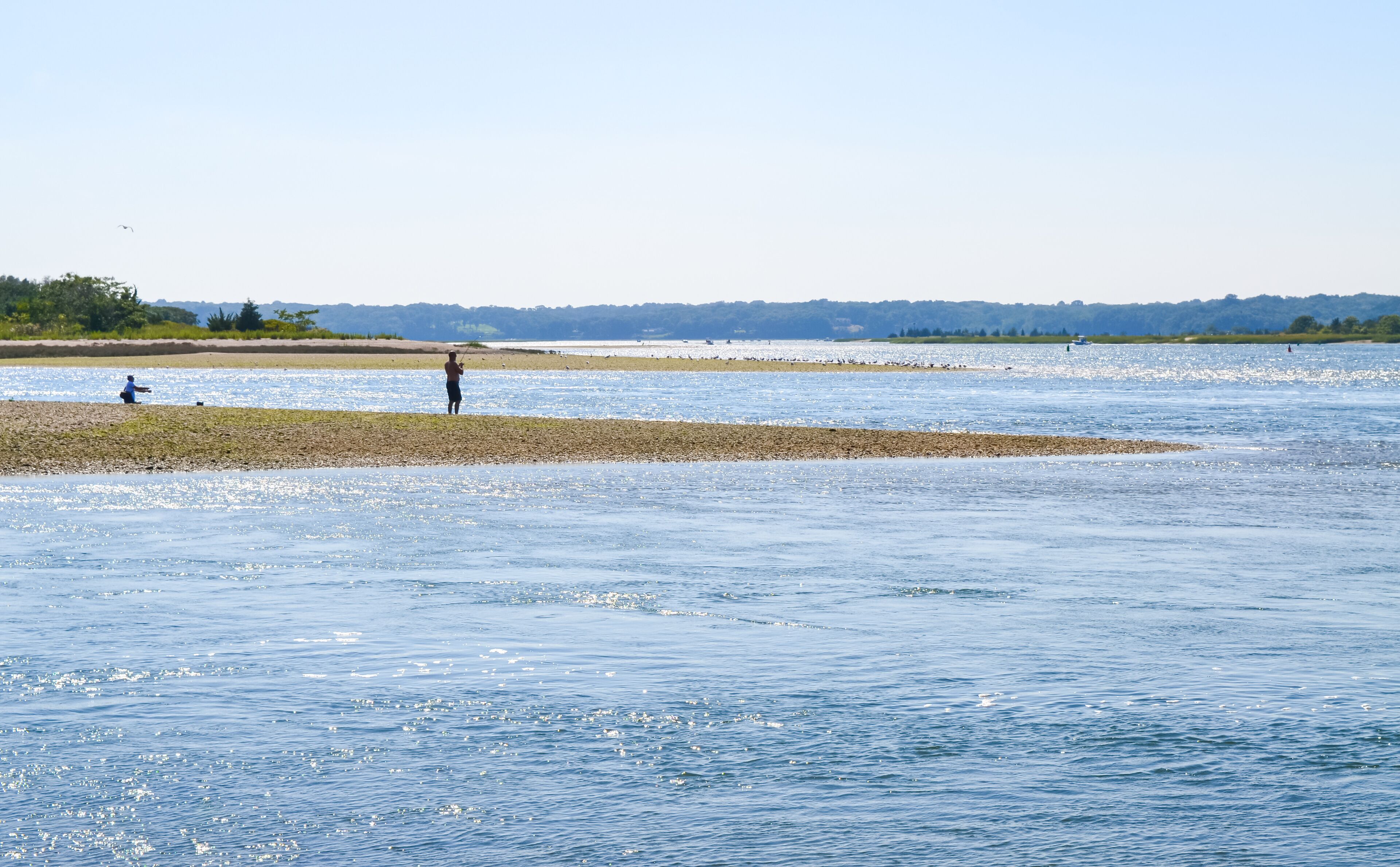 Two people fish on a spit of land jutting across the image.  In the distance lies the mouth of Stony Brook Harbor with its water sparkling from the summer sun. Copy space. Stony Brook,  New York.