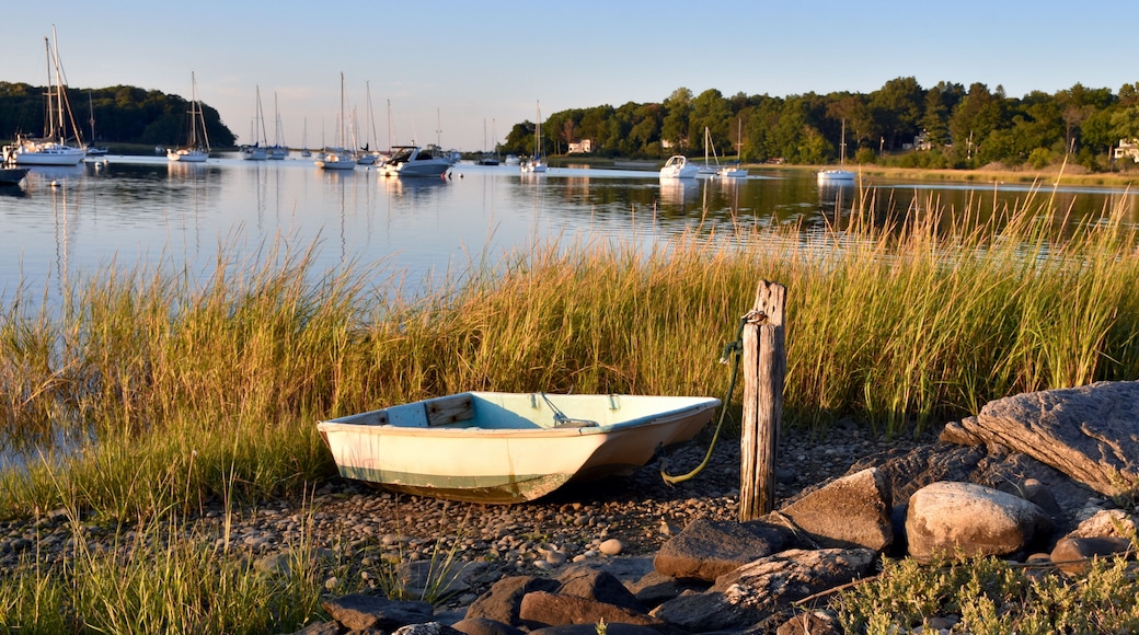 A fisherman's dinghy tied up at the shore in early autumn. Setauket Harbor, Long Island.