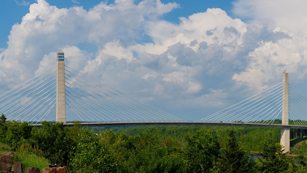 Narrows Too Bridge in Trenton Maine cloudy sunny day