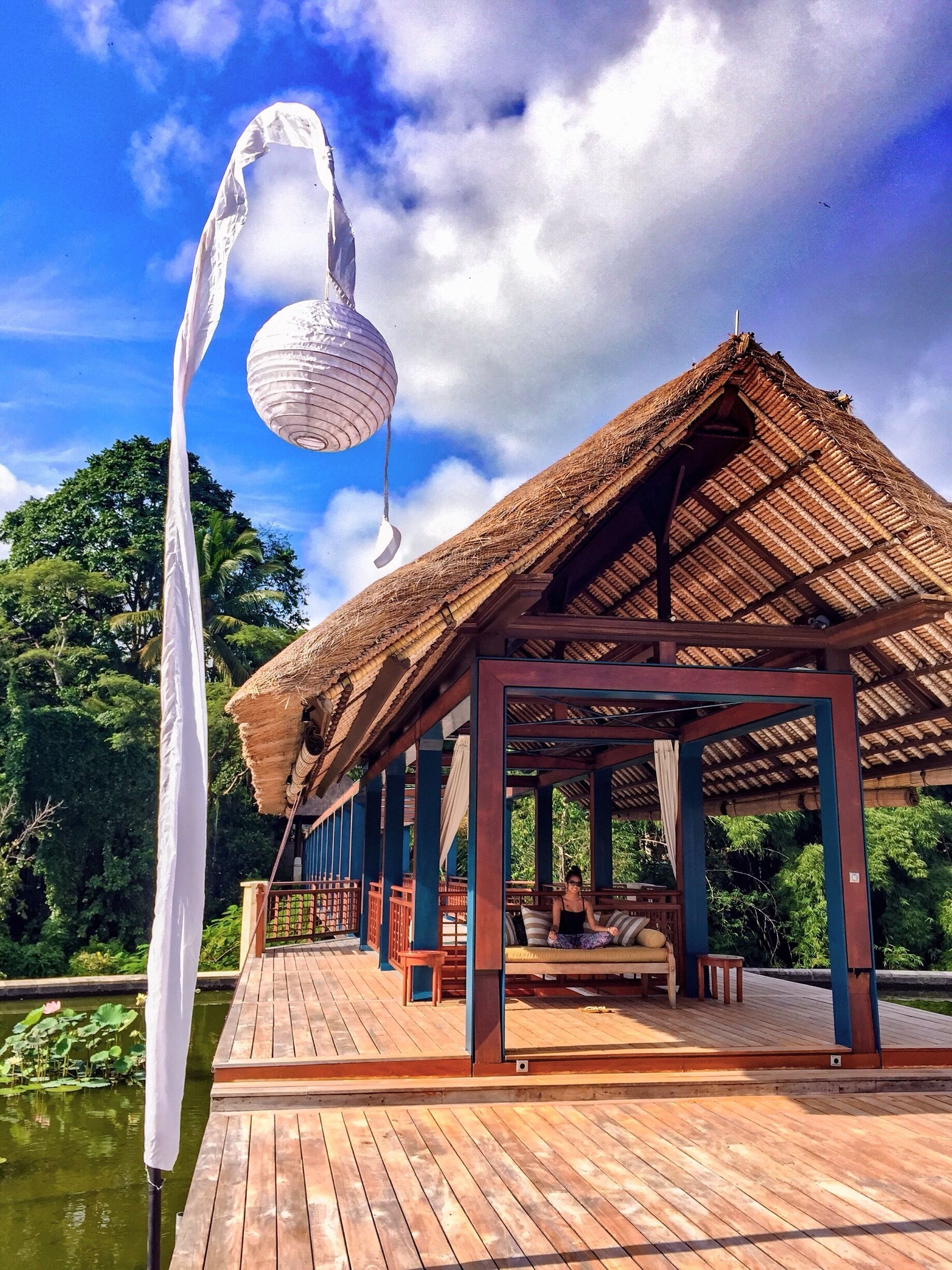 My favorite place to stop for some fresh air before leaving the #resort each day. My water lily friends and hanging lanterns are always so welcoming. #sayan #ubud #bali 