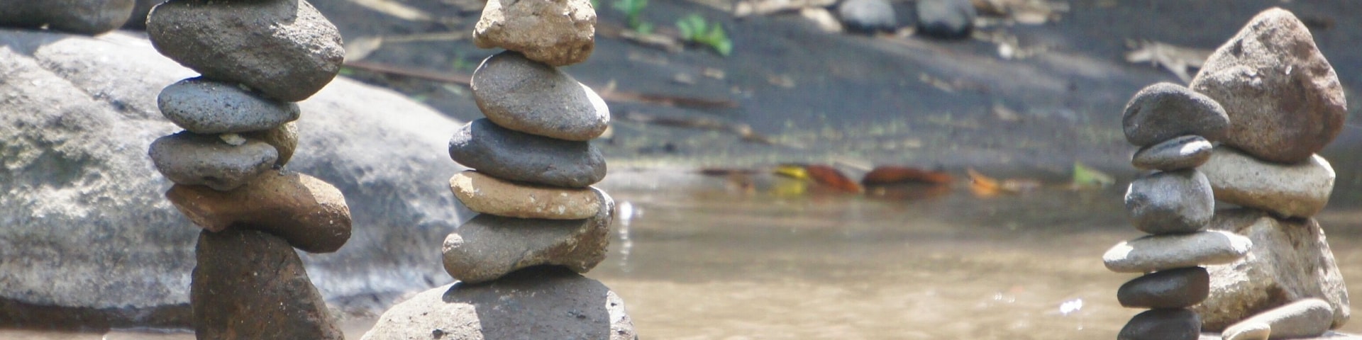 Stacks of rocks balanced on other rocks in a shallow water body, surrounded by greenery.
