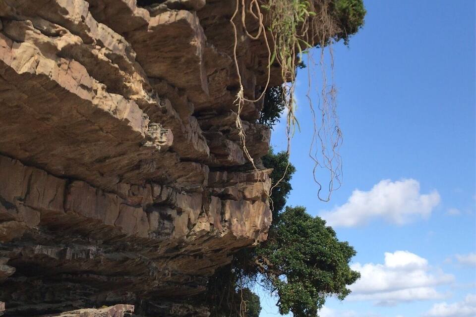 Eine felsige Klippe mit Vegetation und ein Strand mit Menschen und Zelten.
