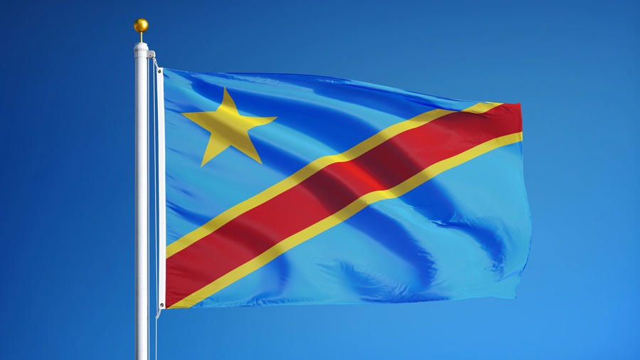 Democratic Republic of the Congo flag waving against clean sky, close up, isolated with clipping path mask alpha channel transparency, for film, news, digital composition