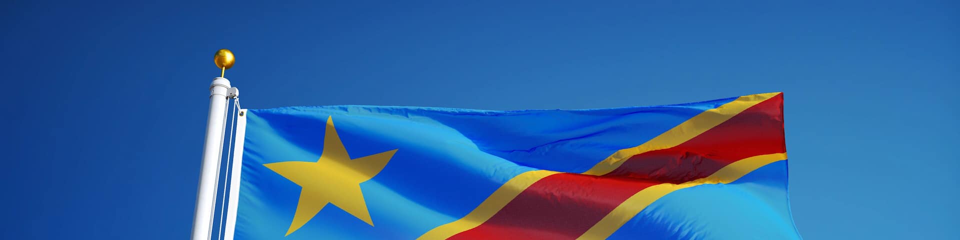 Democratic Republic of the Congo flag waving against clean sky, close up, isolated with clipping path mask alpha channel transparency, for film, news, digital composition