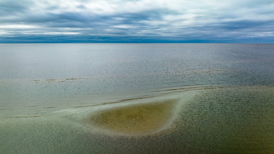 A vast body of water with a sandy beach and a cloudy sky.