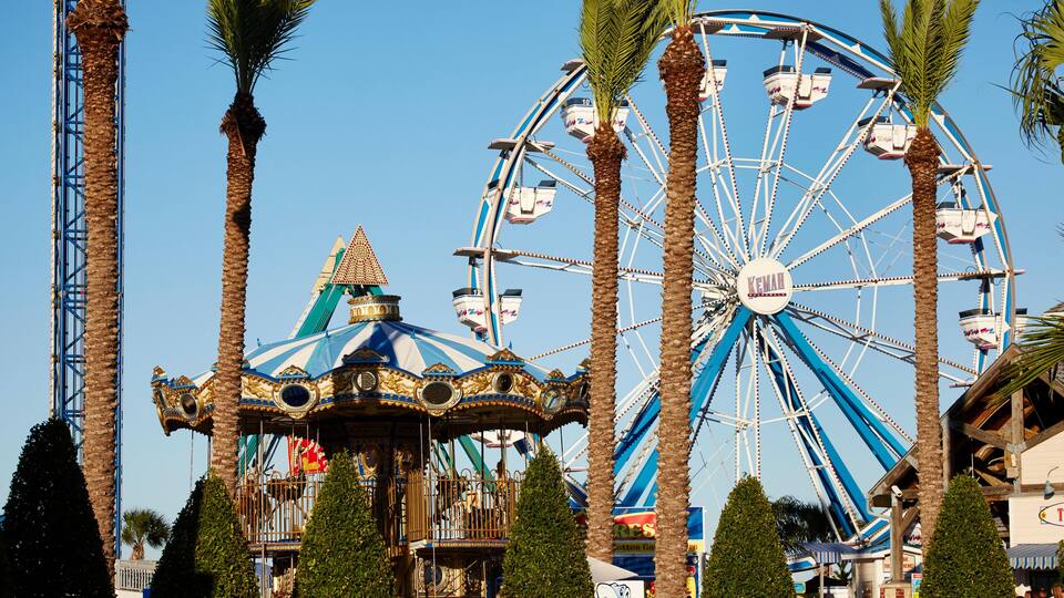 A Ferris wheel, a carousel, and palm trees at a fairground.