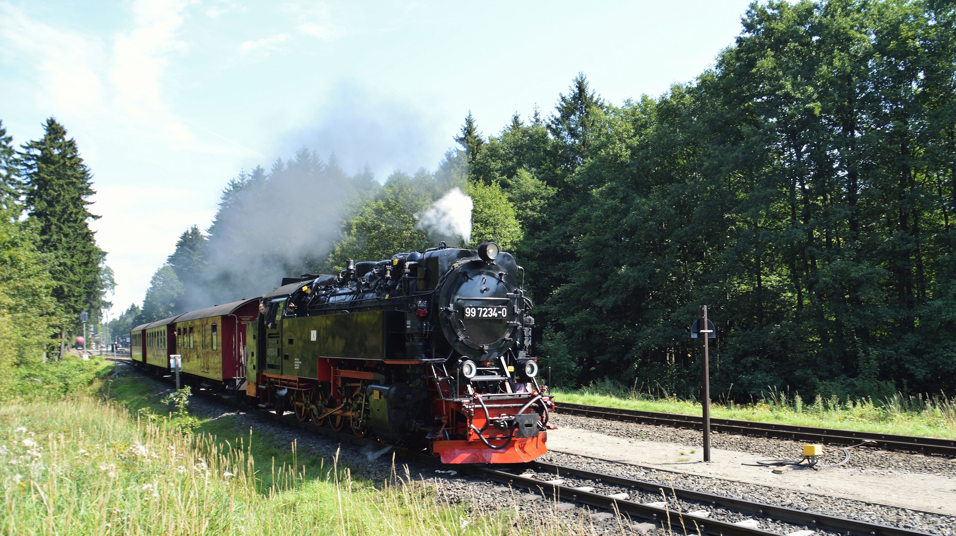 A steam locomotive with the number 99 7234-0 traveling on a railway track surrounded by dense forest.