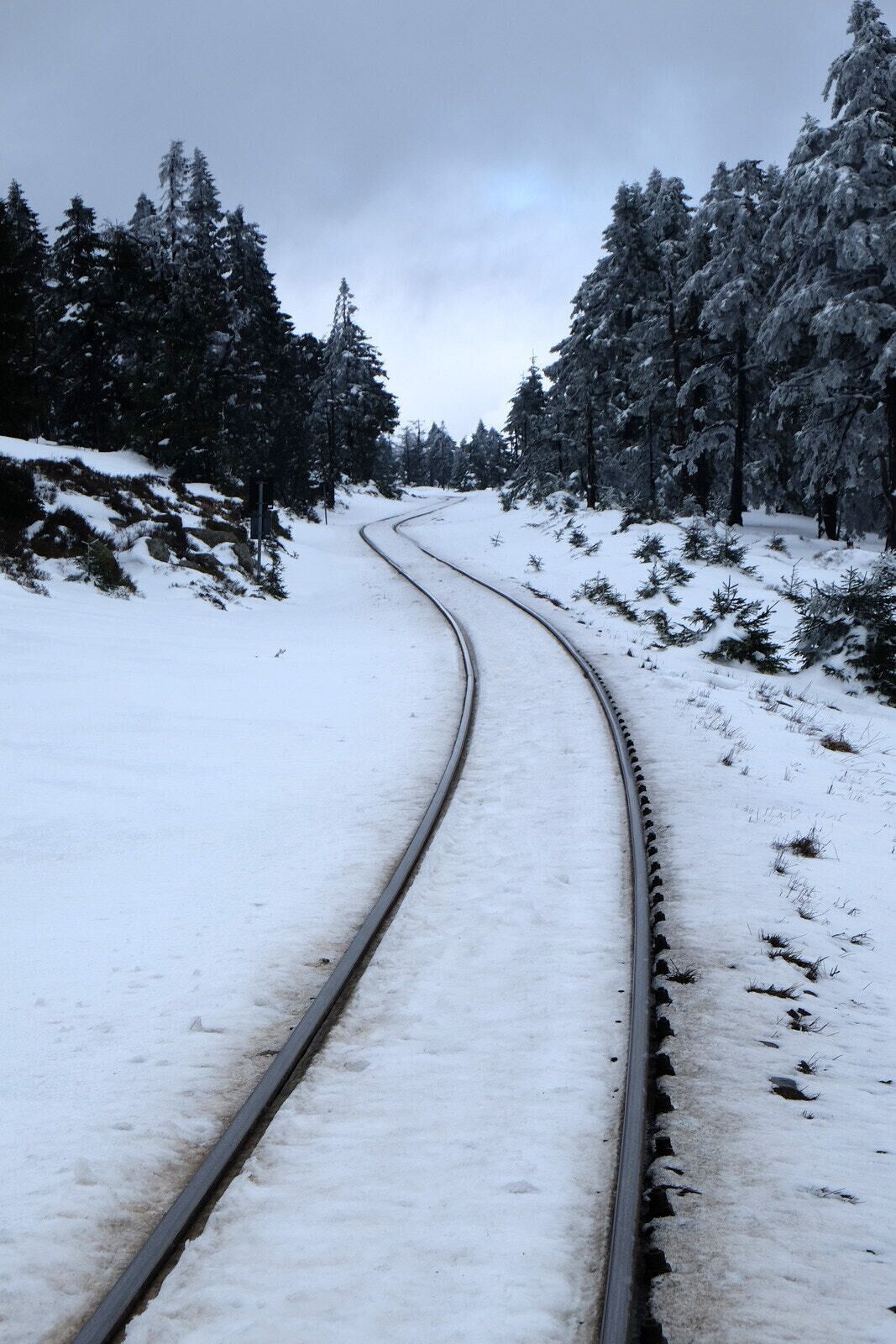 A snow-covered railway track curving through a forest.
