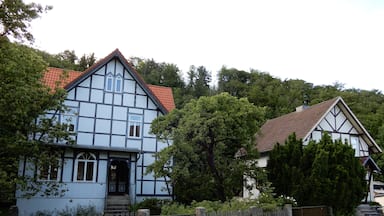 A traditional half-timbered house with a red-tiled roof, surrounded by lush greenery and a wooden fence.