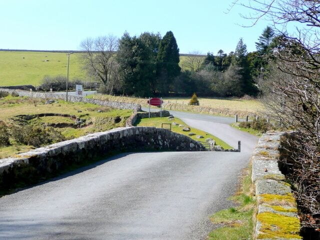 Old road at Two Bridges Looking west over the hump-back of the old bridge towards the roads west to Yelverton and Tavistock.