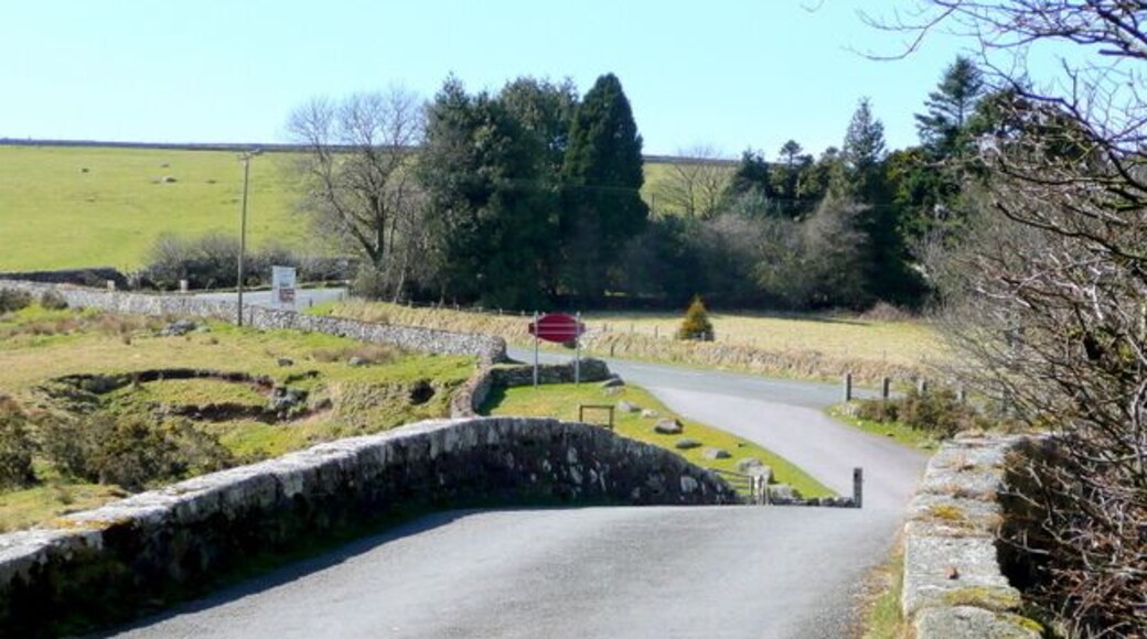 Old road at Two Bridges Looking west over the hump-back of the old bridge towards the roads west to Yelverton and Tavistock.