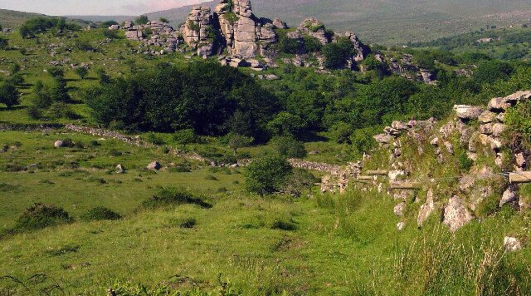 Vixen Tor near Merrivale. View taken 600m south west of Vixen Tor from the footpath. Great Mis Tor on the middle skyline 4k's distant.