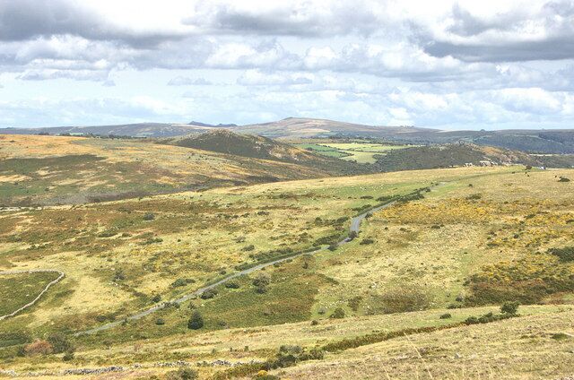 Road between Saddle Bridge and Combestone Tor Saddle bridge is just out of shot at bottom left. Combestone Tor is visible on the right,just above the road.