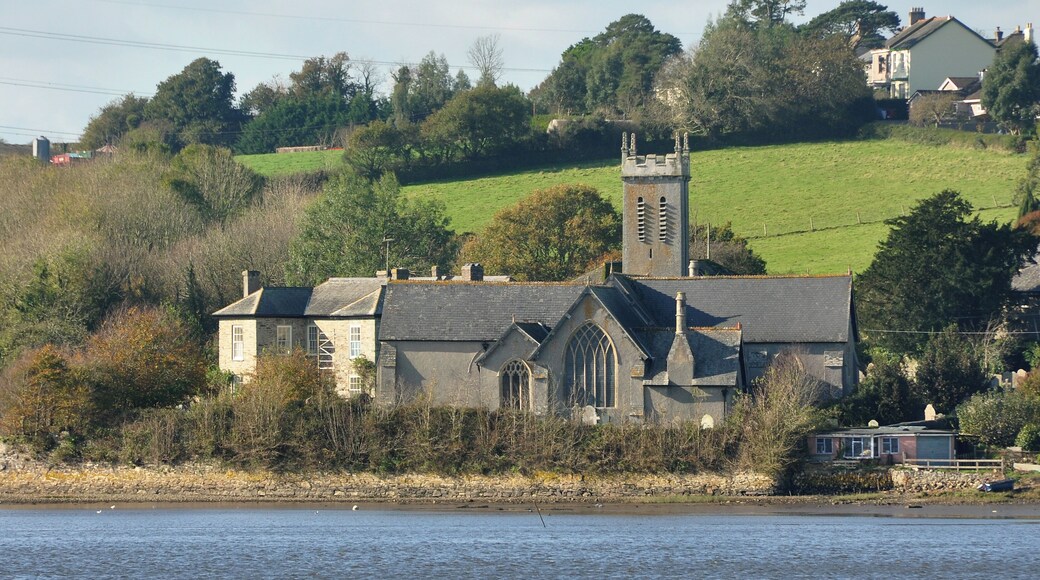 The Church of St Andrew in Bere Ferrers, Devon, seen from Blaxton Quay on the far side of the Tavy Estuary.