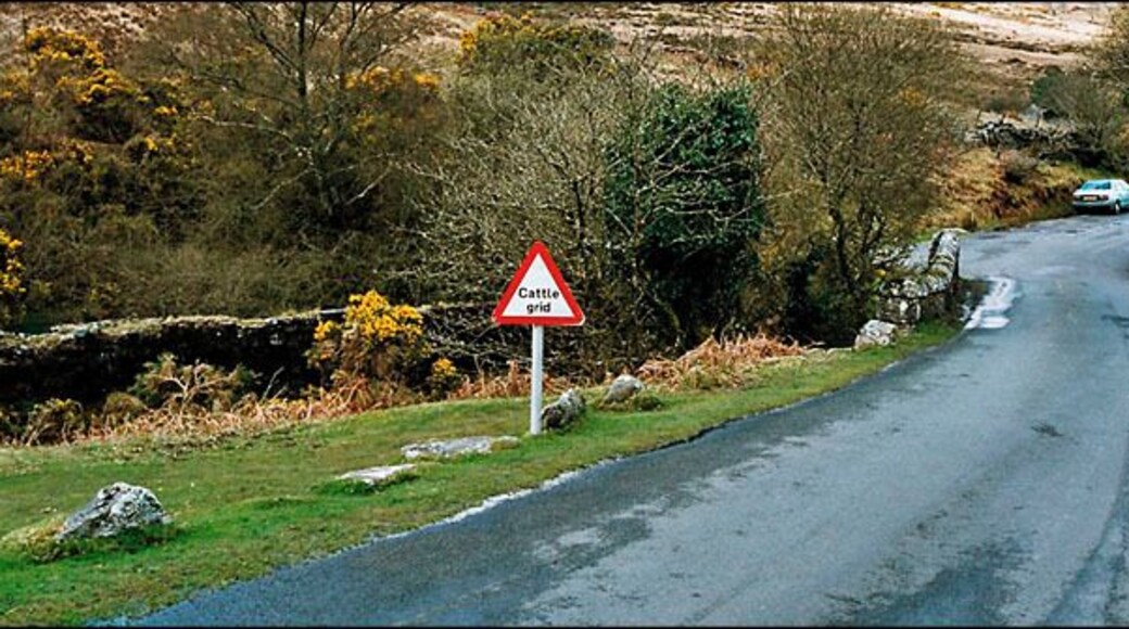 Saddle Bridge, Dartmoor. This scene shows the lane between Venford and Hexworthy, near to the bottom of the hill as it passes over Saddle Bridge. The cattle grid indicates a land boundary is coming up. This is just out of sight, beyond the green car at the bottom of the hill. To the left of the bridge, the foundations for an old stone building are still clearly evident, but I'm not sure what this would have been.