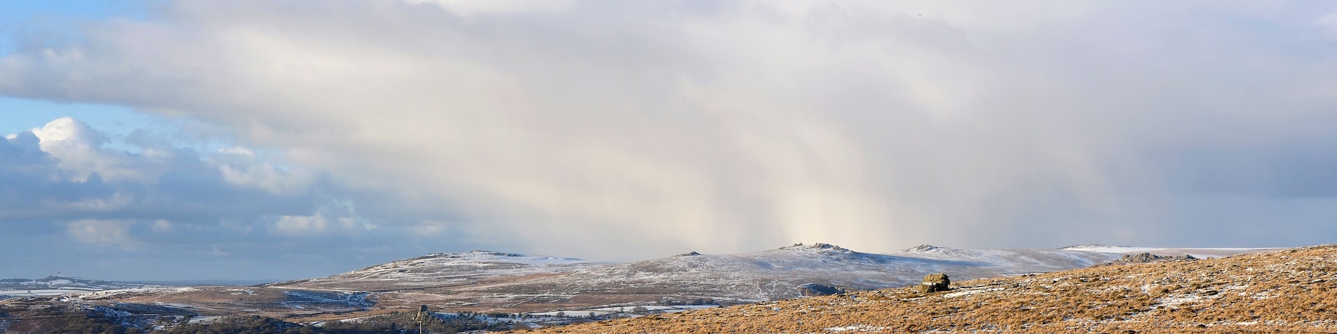 Cloud over the range of tors along the western edge of Dartmoor. From left to right the tors clearly visible are: Brent Tor, Cox Tor, Middle Staple Tor, Great Staple Tor and Roos Tor.