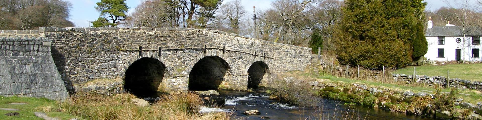 A stone bridge over a stream, surrounded by grass, trees, and a white house.