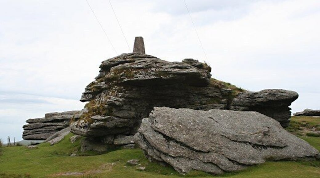North Hessary Tor This smallish rocky pile is topped by a trig pillar. Three of the cables from the adjacent communications mast can be seen rising up behind the tor.