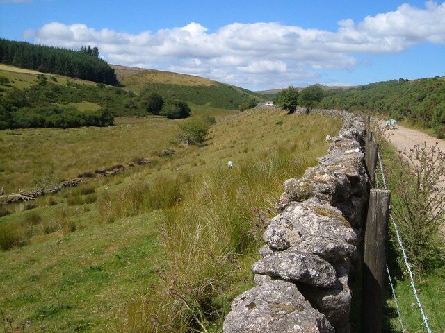 West Dart valley - Beardown Hill Plantation and Crockern. Looking up the valley and along the footpath from Two Bridges to Crockern.