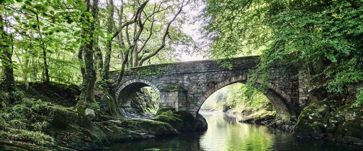 A stone bridge over a calm river, surrounded by lush greenery and moss-covered rocks.