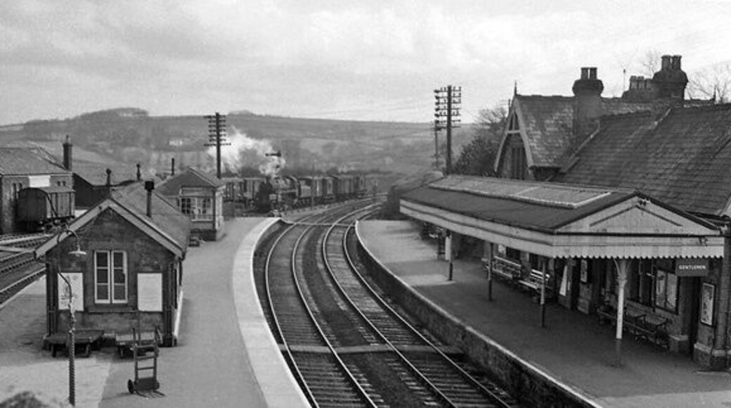 Bere Alston Station. View eastwards, towards Okehampton, Exeter and , eventually, London Waterloo; ex-London & South Western main line Exeter - Okehampton - Plymouth, and Plymouth, Devonport & South Western Junction branch to Gunnislake and Callington. The main line from Okehampton was closed 6/5/68, leaving a service Plymouth (North Road) - Callington (reversing at Bere Alston), which had been cut back to a (rebuilt) Gunnislake station from 7/11/66. (Plymouth Friary had closed 15/9/58, passenger services thereafter starting at North Road).
