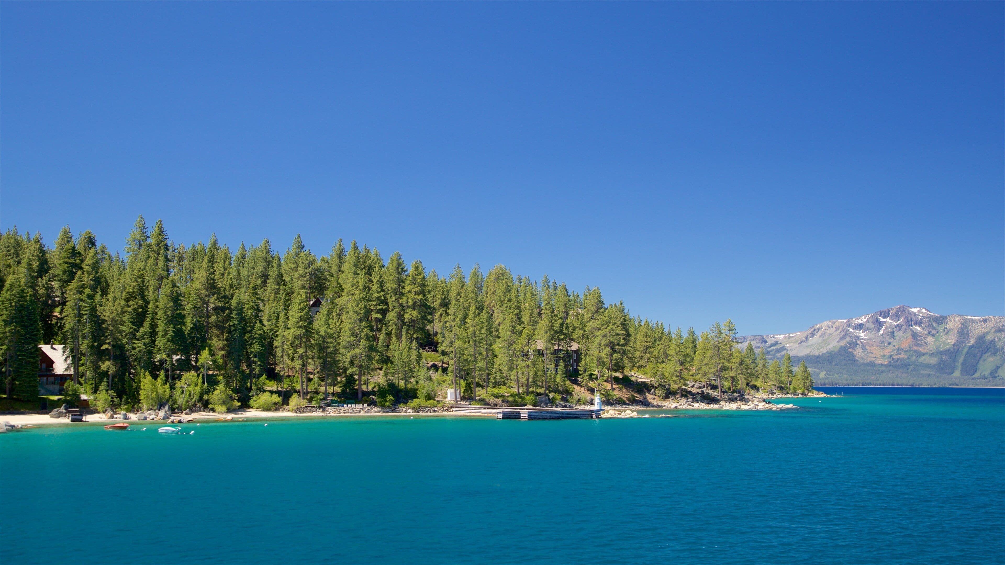 A coastal landscape with a dense forest, a clear blue lake, and a mountain range in the background.