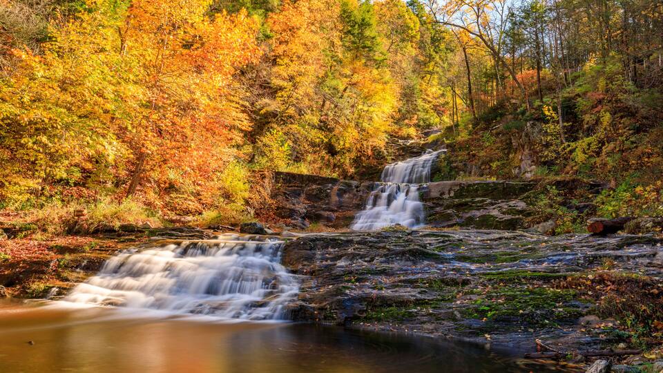 A waterfall cascading over rocks in a forest with autumn-colored trees.
