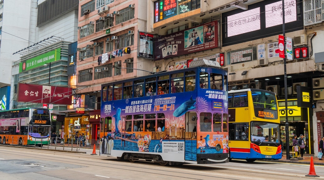 Causeway Bay which includes a city, street scenes and railway items